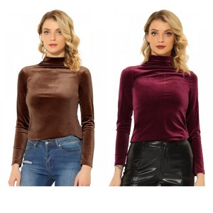 INSPIRE CHIC Women's Solid Turtleneck Velvet Long Sleeve Work Basic Velour Blouse 2 Packs - 1 of 4