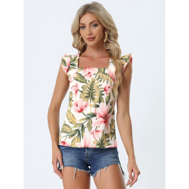 Allegra K Women's Tropical Floral Printed Square Neck Ruffle Sleeve Tank Top, 3 of 6