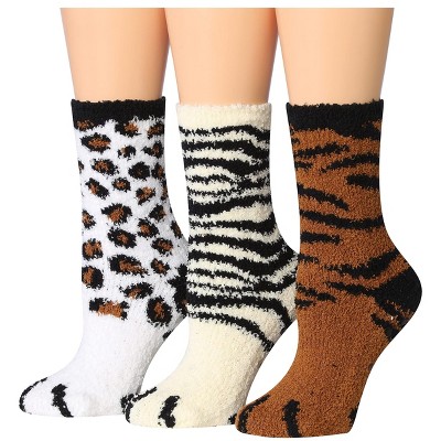 Tipi Toe Women's 3-Pairs Cozy Microfiber Anti-Skid Soft Leopard Striped Pattern Fuzzy Crew Socks