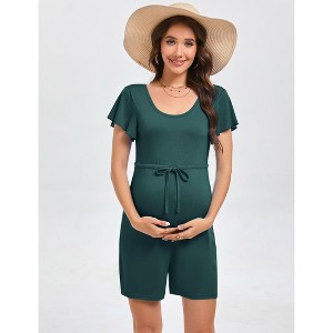 Coolmee Women's Maternity Romper Solid Crew Neck Flutter Short Sleeve Rompers Drawstring Waist Bodysuit Short Pants Maternity Clothes 2XL Green - 1 of 4