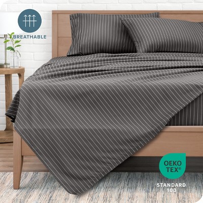 King Pinstripe Grey/White Microfiber Deep Pocket Sheet Set