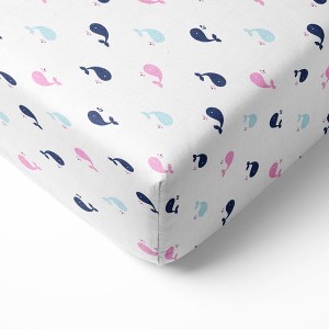 Bacati - Little Sailor Whales Girls Muslin 100 percent Cotton Universal Baby US Standard Crib or Toddler Bed Fitted Sheet - 1 of 4