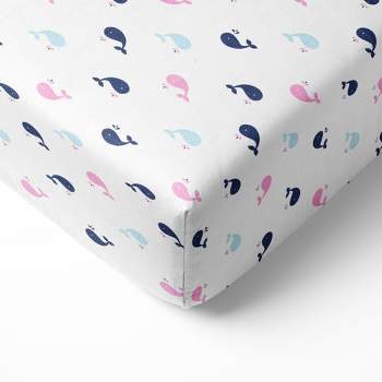 Bacati - Little Sailor Whales Girls Muslin 100 percent Cotton Universal Baby US Standard Crib or Toddler Bed Fitted Sheet
