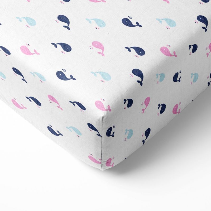 Bacati - Little Sailor Whales Girls Muslin 100 percent Cotton Universal Baby US Standard Crib or Toddler Bed Fitted Sheet, 1 of 6