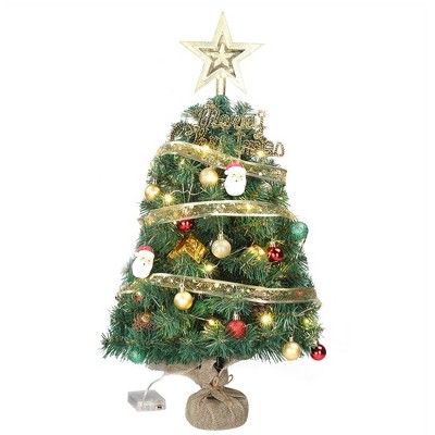 20in Pre-lit Artificial Mini Christmas Tree, Tabletop Small Xmas Pine Tree with Ornaments and 30 Warm Lights for Holiday Decor