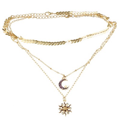 Unique Bargains Flat Leaf Chain Moon Sun Pendant Layered Choker Necklace  Set for Women Gold Tone 1PC