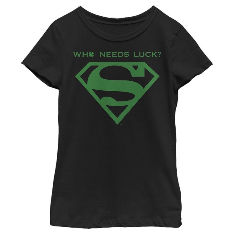 Girl's Superman St. Patrick's Day Who Needs Luck? T-Shirt, 1 of 5