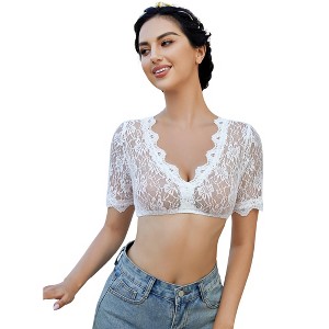 Women's Floral Lace Short Sleeve Crop Top with V-Neck and Scalloped Trim, Lightweight Sheer Mesh Blouse for Summer Casual Evening Wear - 1 of 4