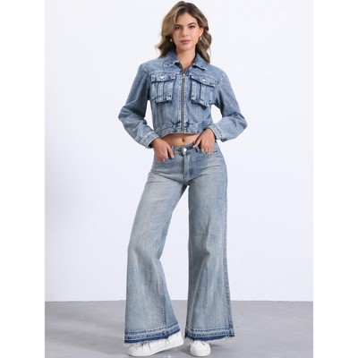 INSPIRE CHIC Women's Zip Up Long Sleeves Pockets Crop Denim Jacket Medium Washed Blue — фото 4