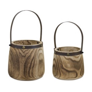 Natural Wood Planter Pails Set of 2 – 11.75"H & 14"H with Metal Handles – By Melrose - 1 of 4