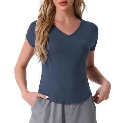 cheibear Women's Viscose Smile-shaped Hem V-Neck Pajamas Top with Chest Pocket