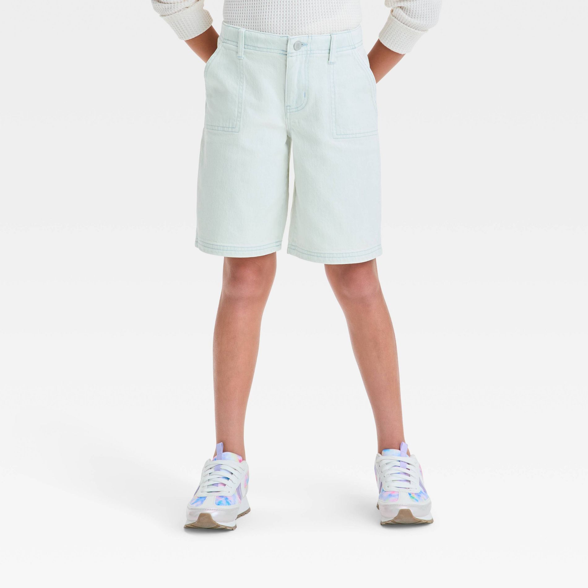 Girls' Mid-Rise Baggy Bermuda Jean Shorts - art class™ Light Wash L: Adjustable Waist, Stretch Denim