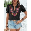 Coolmee Women's Casual Floral Embroidered V Neck Boho Short Puff Sleeve Shirts Loose Summer Blouses Tops Fashion Clothes - 3 of 4