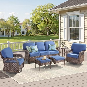 Buenhomino 6PCS Outdoor Furniture Set with 5" Thick Cushion, Outdoor Sofa Couch Set with Swivel Chairs and Ottoman, Brown Wicker Patio Furniture Set - 1 of 4