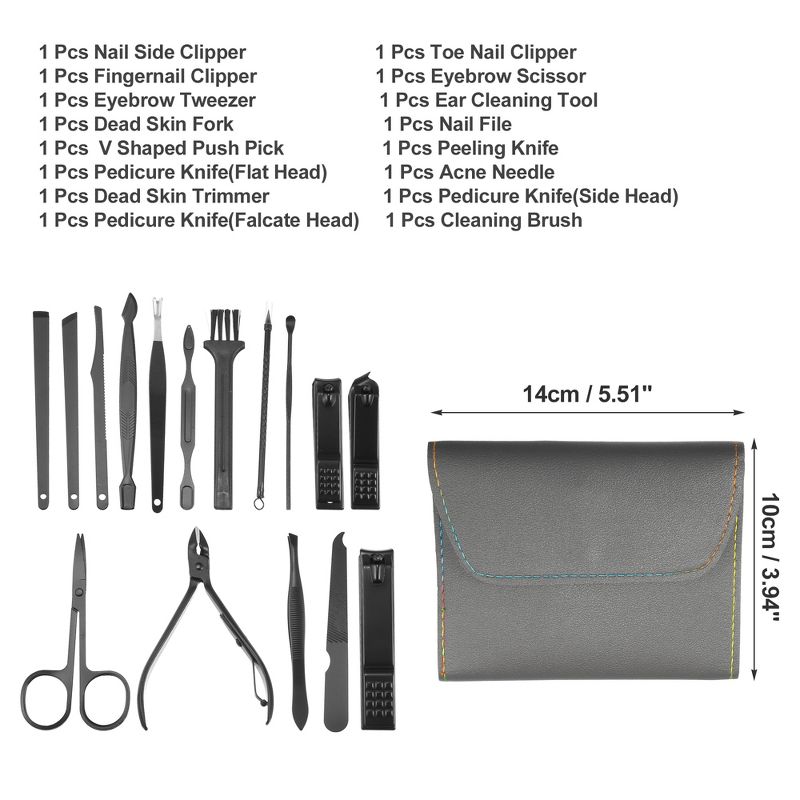 Unique Bargains Stainless Steel Pedicure Nail Clippers Scissors Tool Set for Men Women Black with Gray PU Leather 16pcs, 3 of 4