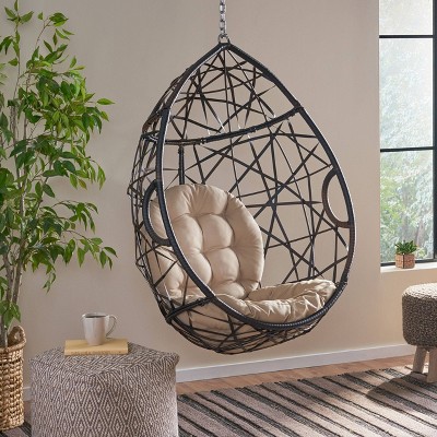 Brown Wicker Teardrop Hanging Hammock Chair with Cushions