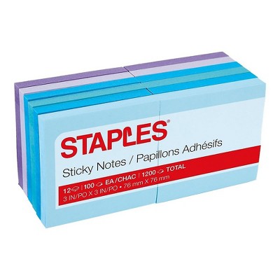 Staples Stickies Notes Assorted Watercolors 3" x 3" 12 Pads/Pack (S-33WC12) 565769