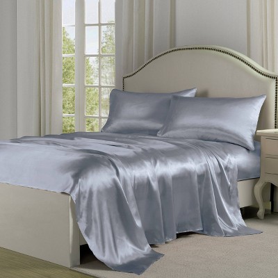 Queen Silver Satin Charmeuse Sheet Set with Pillowcases