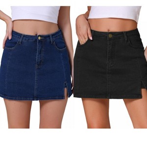 INSPIRE CHIC Women's Jean Side Slit High Waisted A-Line Stretch Mini Denim Skirts 2 Packs - 1 of 4