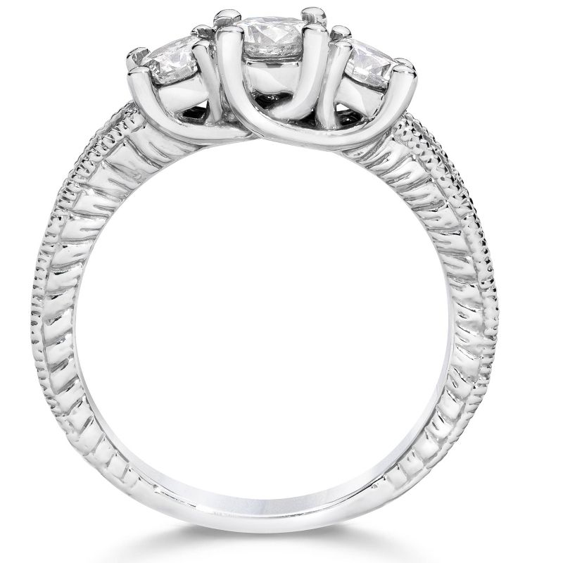 Pompeii3 1 Carat Vintage 3-Stone Diamond Engagement Anniversary Ring 10k White Gold, 2 of 5