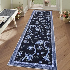 Acekool [Green Pink] Floral Print Runner Rug, Washable Low Pile Non-Slip Carpet for Entryway, Kitchen, Nursery & Playroom [2x6 Ft] - 1 of 4