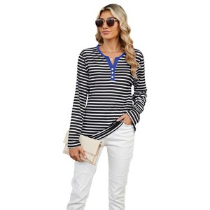 Clearlove 2025 Basic Tops for Women V Neck Long Sleeve Stripes Shirts Loose Tee Clothes - 1 of 4