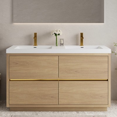 GlasFlength Bathroom Storage Cabinets, Freestanding, Open shelving Bathroom Vanity，Assembly Required, Beige, 59"*19.75"*35.5"