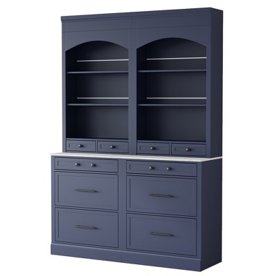 Vynxaria 83.7in Blue Pantry Set Modern Faux Marble 5-Drawer Design Adjustable Shelf 2-Pack