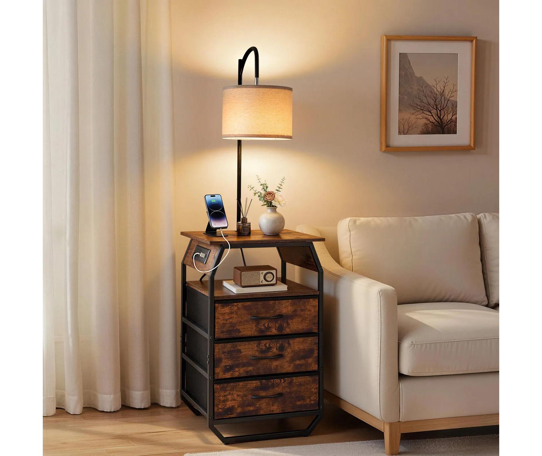 Floor Lamp with Table, 3-Drawer End Table, USB & Type-C & AC Charging, 3 Color Temps