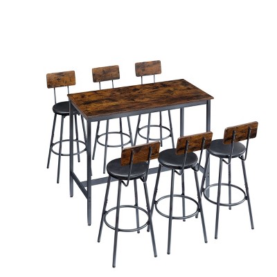TopComfy Patio Seating Sets High Dining Table 7 Piece Set Industrial Style Table 6 Leather Bar Chairs for Living Room, Brown, 52"*26"*6.9"