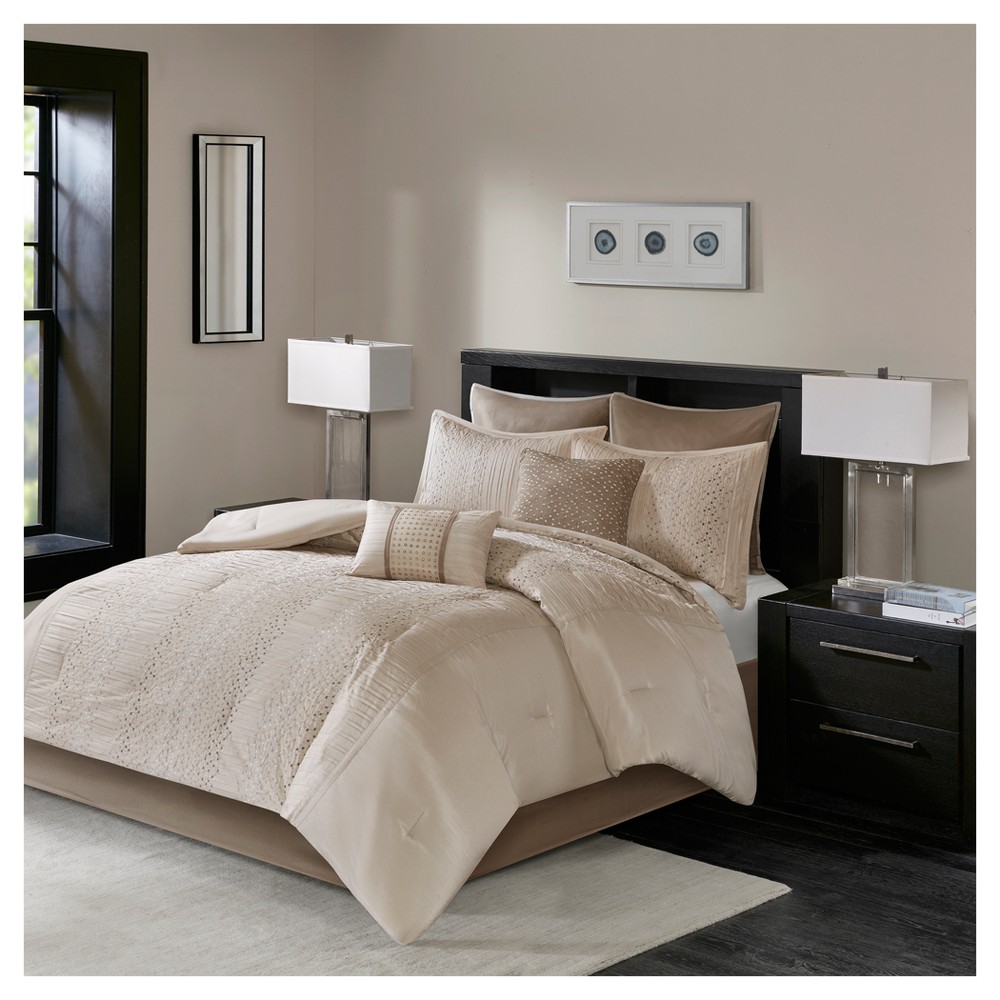 Photos - Bed Linen 8pc Queen Lillian Embroidered Comforter Set Beige: Madison Park, Luxury Gl