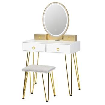 Costway Industrial Vanity Makeup Dressing Table Padded Stool Set 3-Color Lighted Mirror