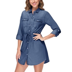 Anna-Kaci Women's Denim Long-Sleeve Jean Shirt Dress - 1 of 4