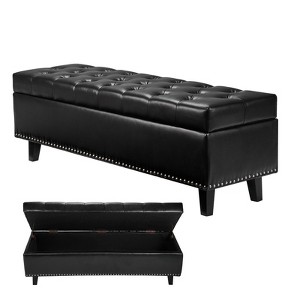 VEVOR Button-Tufted Storage Ottoman Bench, PU Leather Bench with Storage and Solid Wood Legs, Upholstered End of Bed Benches, Black - 1 of 4