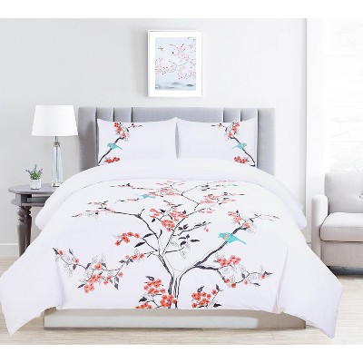 Modern Embroidered Cherry Blossom Floral Cotton Duvet Cover and Pillow Sham Set
