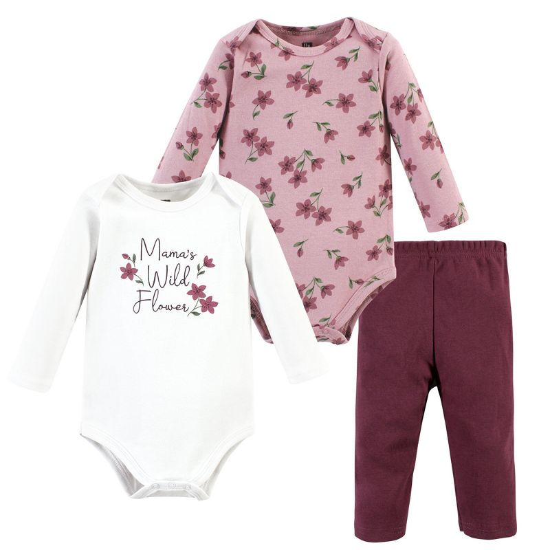 Hudson Baby Infant Girl Cotton Bodysuit and Pant Set, Plum Wildflower Long Sleeve, 1 of 6