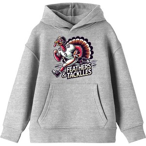 Thanksgiving Feathers & Tackles Turkey Football Player Adult Long Sleeve Hoodie - 1 of 2