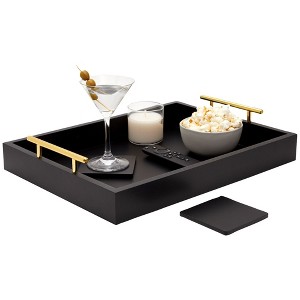 Juvale Decorative Wood Serving Tray with Handles and Coasters, Black, 16.5 x 12.2 x 3.1 In - 1 of 4