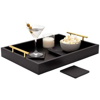 Juvale Decorative Wood Serving Tray with Handles and Coasters, Black, 16.5 x 12.2 x 3.1 In