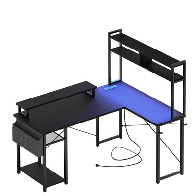 Itopfox Small L-Shaped Gaming Desk with LED Lights & Power Outlets, Reversible Computer Desk with Monitor Stand & Storage Shelf, Corner Desk for Home