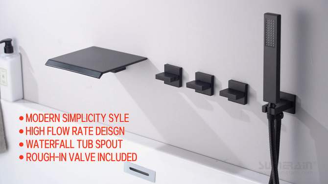SUMERAIN Wall Mount Waterfall Tub Filler Faucet with Hand Shower and High Flow Spout, Matte Black, 2 of 15, play video