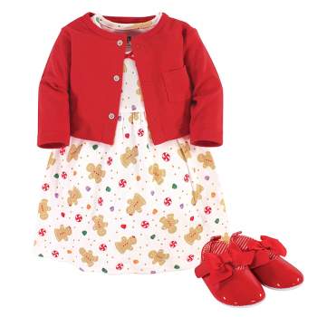 Hudson Baby Infant Girl Cotton Dress, Cardigan and Shoe 3pc Layette Set, Sugar Spice