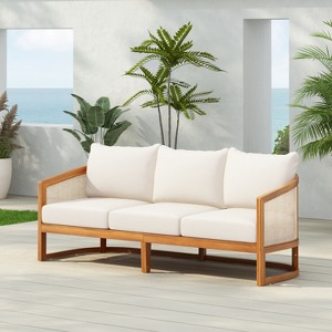 Christopher Knight Home Elrane Mid-Century Modern Patio 3-Seater Acacia Wood Sofa with Thick Cushions - 1 of 4