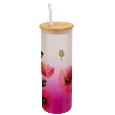 Elanze Designs Pretty Poppy Red Flower Garden Wrap-Around Design 25 Ounce Frosted Gradient Glass On-The-Go Coffee Travel Skinny Tumbler Mug Cup,