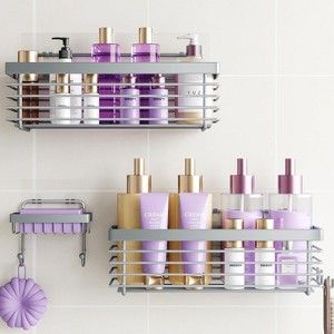 Shower Cage Stainless Steel Shower Bathroom Organizer 3-Pack - No Drilling Required - Rust-Resistant Wall-Mounted Stick-On Shower Basket - Gray - 1 of 4