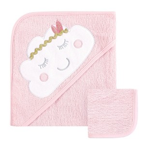 Hudson Baby Infant Girl Cotton Hooded Towel and Washcloth 2pc Set, Boho Cloud, One Size - 1 of 1