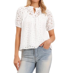 INSPIRE CHIC Women's Summer Eyelet Ruffle Mock Neck Puff Short Sleeve Cotton Blouse - 1 of 4