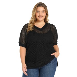 Women's Plus Size Waffle Knit Side Slit Crochet V Neck Half Sleeve Loose Casual Blouses - GRACE & GRANDEUR - 1 of 4