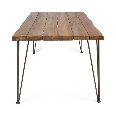 72" Teak Finish Acacia Wood Dining Table with Rustic Iron Hairpin Legs