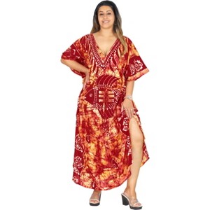 LA LEELA Women's Summer Relaxed Fit Caftan Maxi Robe Sleepwear Loungewear Dashiki House Dresses for Women 2X-3X Brown, Fish - 1 of 4
